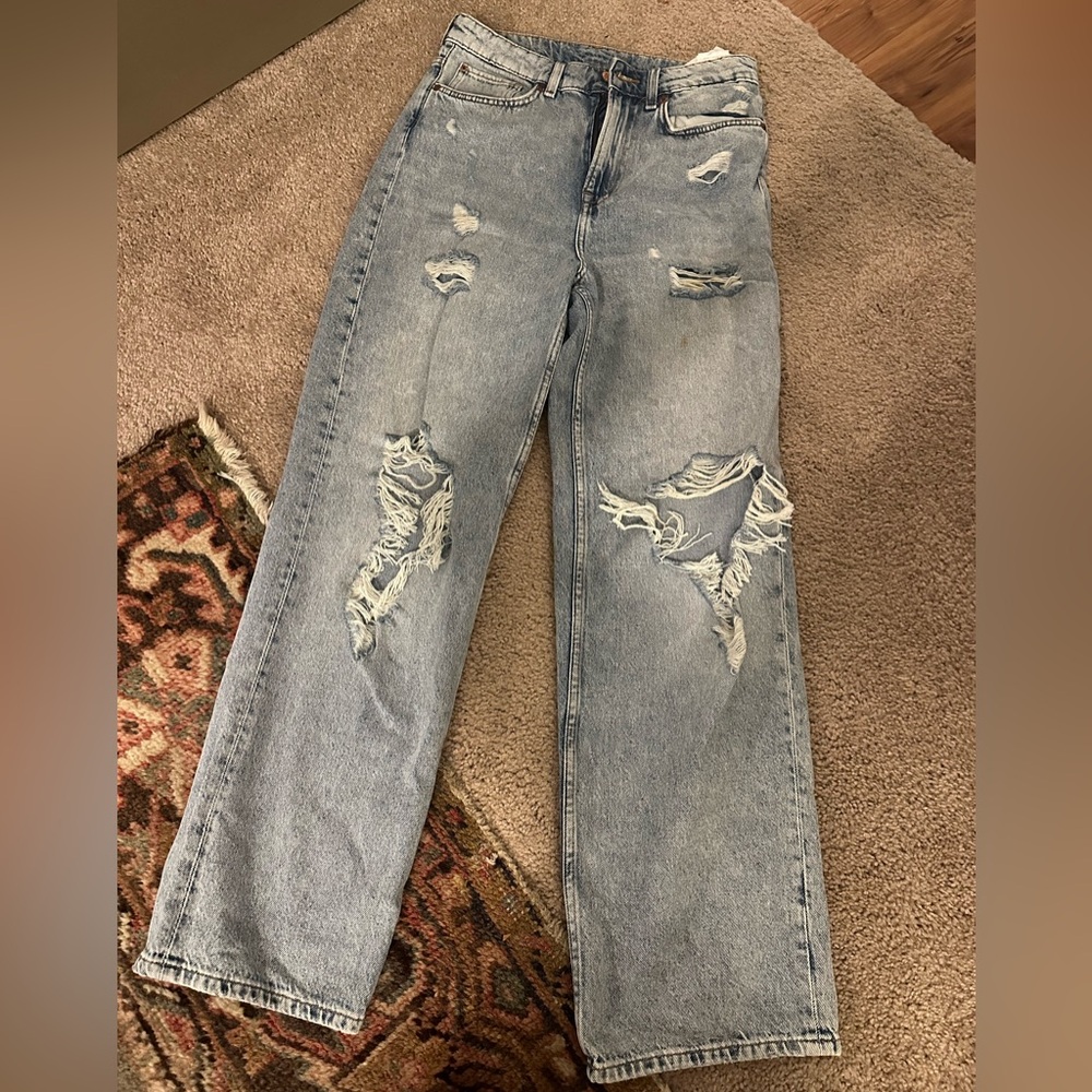 Casual Distressed Light Blue Straight loose leg with high waist